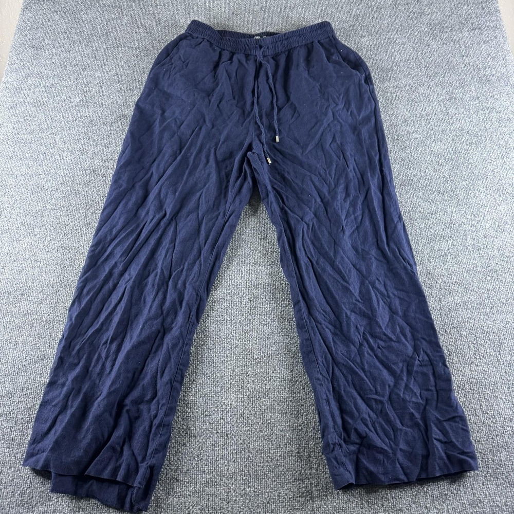 ZARA Sweatpants Womens XL Blue Linen Wide Leg Relaxed Elastic Drawstring